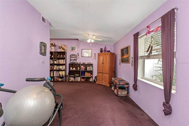 workout area with ceiling fan, carpet floors, and a healthy amount of sunlight