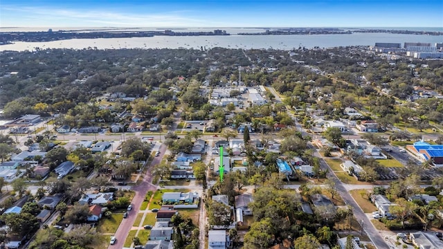 aerial view featuring a water view and a residential view