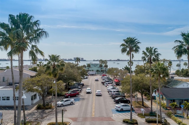 view of street with sidewalks and a water view