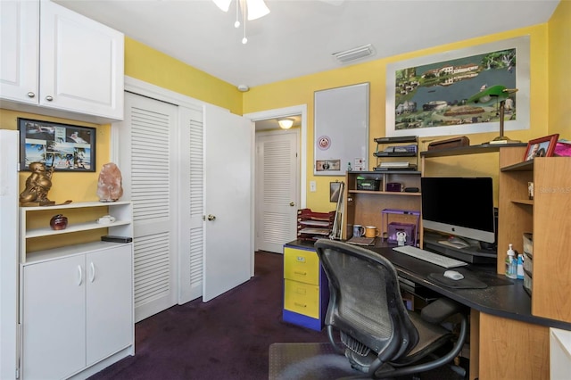 office space with visible vents and ceiling fan