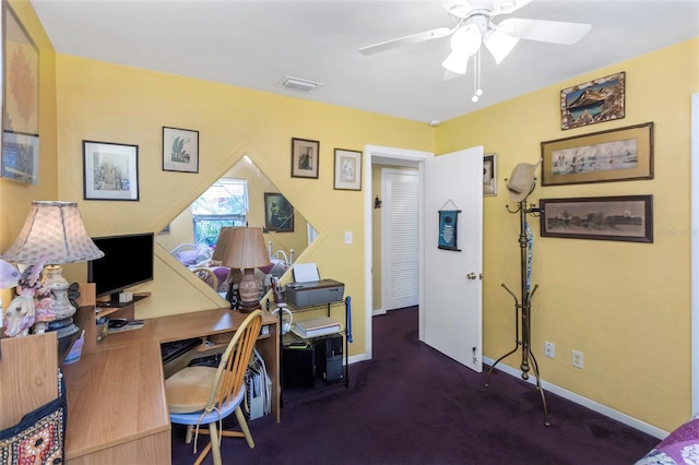 home office with visible vents, baseboards, and ceiling fan