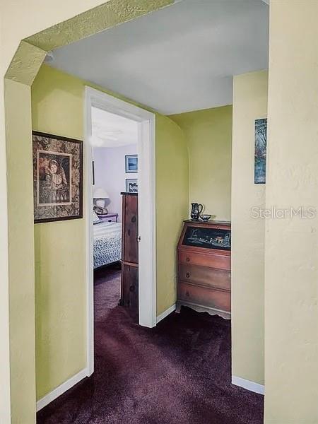 hall featuring baseboards and carpet flooring