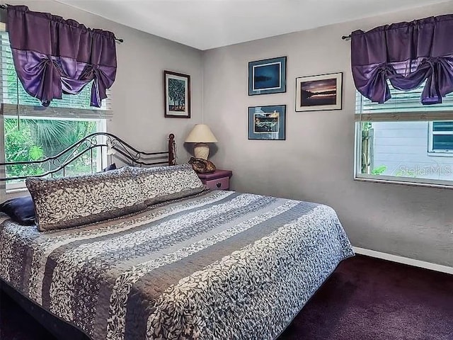 carpeted bedroom featuring multiple windows and baseboards