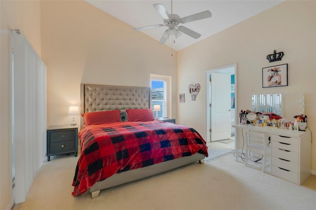 4605 Lisette Cir, Brooksville, FL 34604 - carpeted bedroom featuring high vaulted ceiling, baseboards, and a ceiling fan