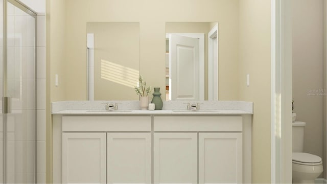 bathroom with toilet, a shower with door, and vanity