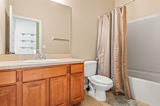 full bathroom with tile patterned floors, toilet, vanity, and shower / bathtub combination with curtain