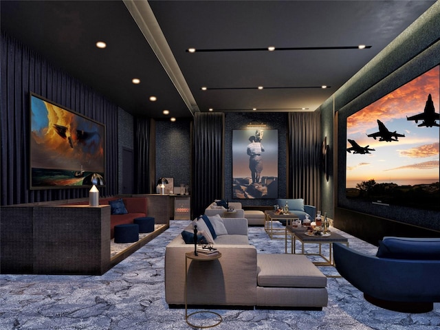 home theater featuring carpet