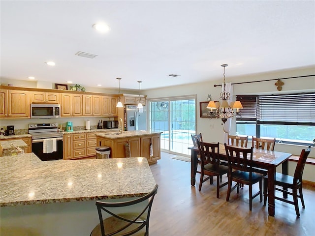 kitchen with appliances with stainless steel finishes, pendant lighting, plenty of natural light, and a kitchen island with sink