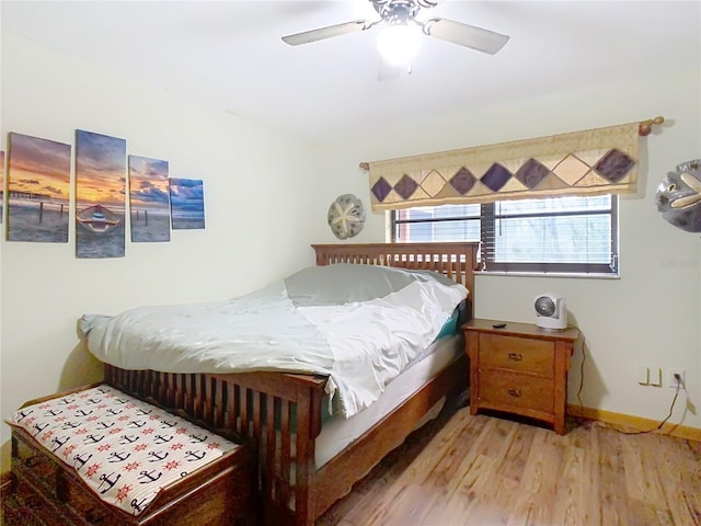 bedroom with ceiling fan and light wood-type flooring