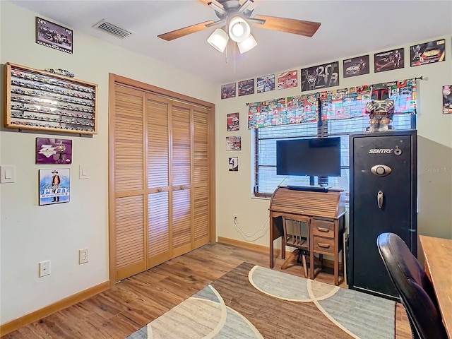 home office featuring ceiling fan and wood-type flooring