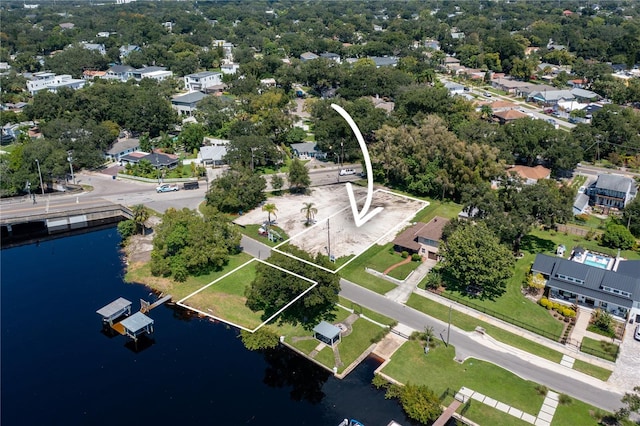 aerial view featuring a residential view and a water view