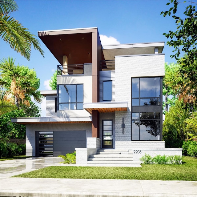 modern home featuring a garage and a balcony