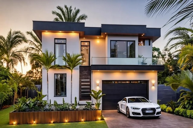 contemporary house featuring a balcony, decorative driveway, a garage, and stucco siding