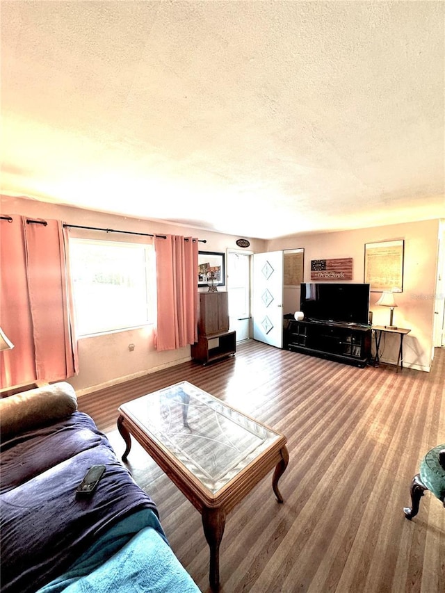 carpeted living room with a textured ceiling