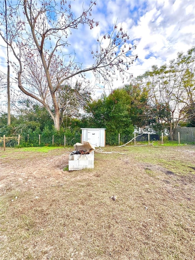 view of yard featuring a storage shed