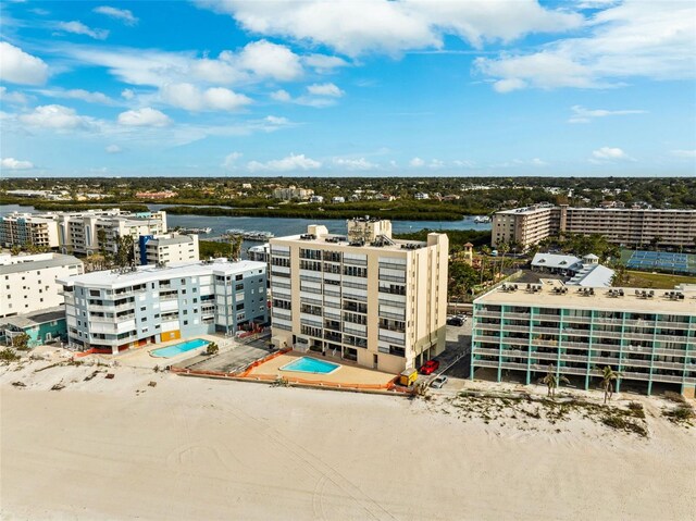 aerial view featuring a view of city and a water view