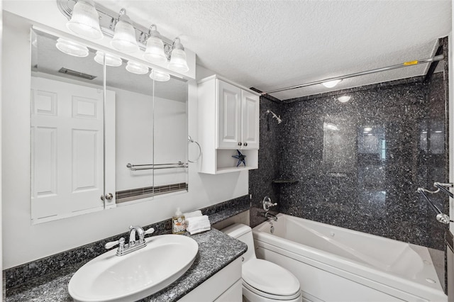 full bath featuring visible vents, shower / bath combination, toilet, a textured ceiling, and vanity