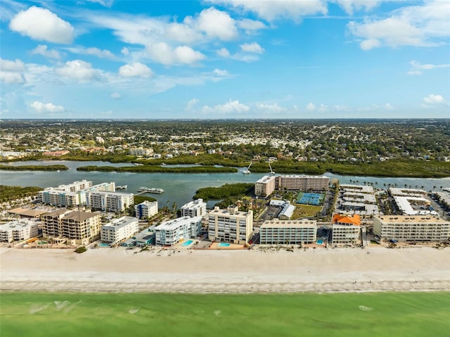 bird's eye view featuring a water view and a city view