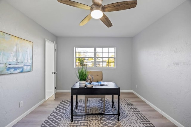 office area featuring ceiling fan and light hardwood / wood-style flooring