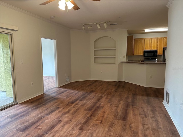 unfurnished living room featuring ornamental molding, ceiling fan, built in features, and dark wood-type flooring