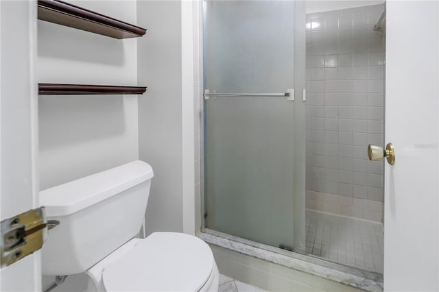 bathroom with a stall shower and toilet