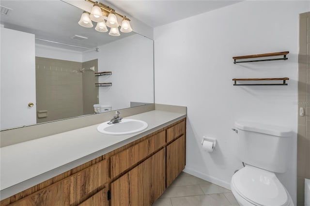 full bathroom with toilet, visible vents, vanity, a shower, and tile patterned floors