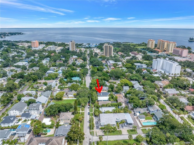 drone / aerial view featuring a water view