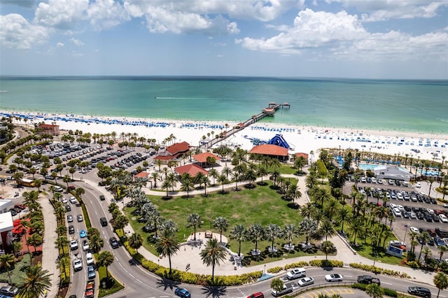 aerial view with a water view and a view of the beach