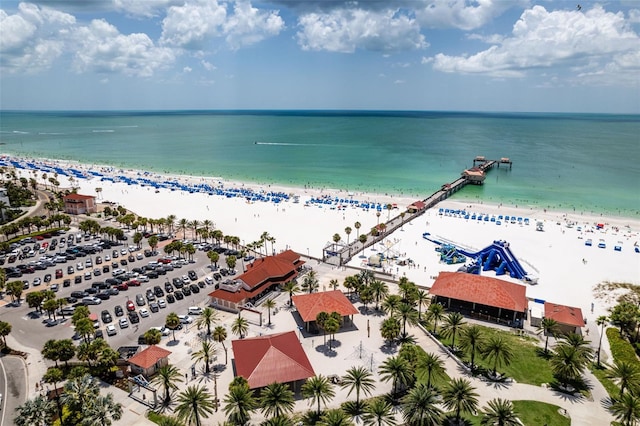 drone / aerial view with a view of the beach and a water view