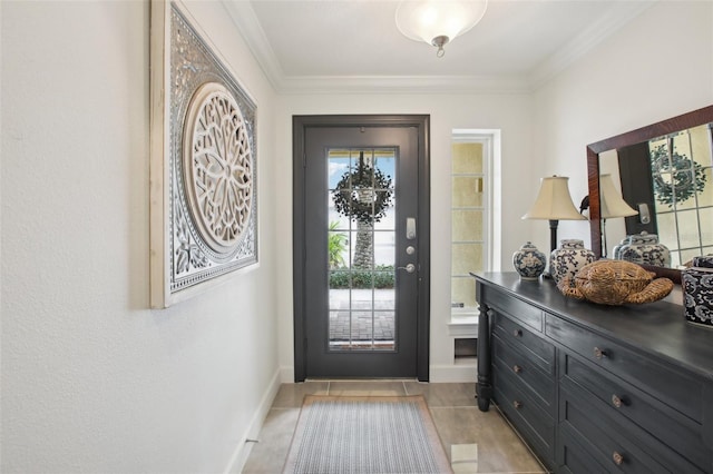 doorway with light tile patterned flooring and crown molding