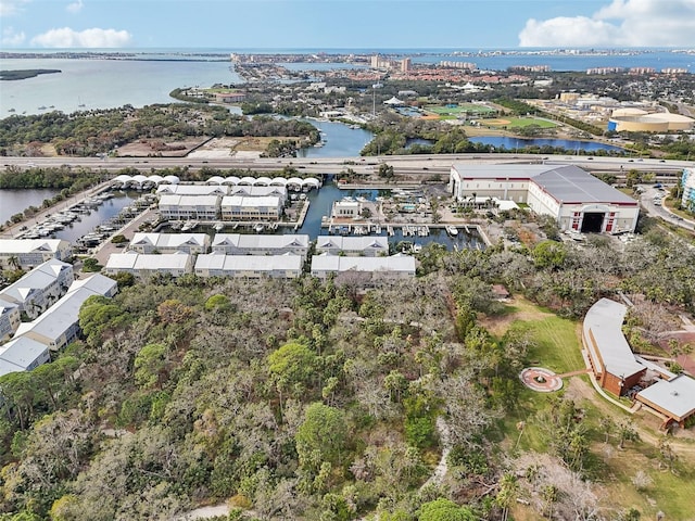 bird's eye view with a water view