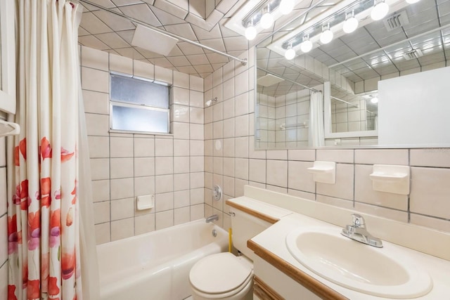 full bathroom featuring toilet, backsplash, tile walls, shower / bath combination with curtain, and vanity