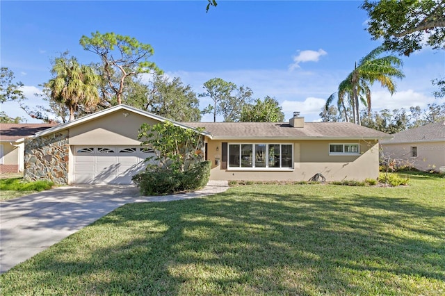 ranch-style house with a garage and a front yard