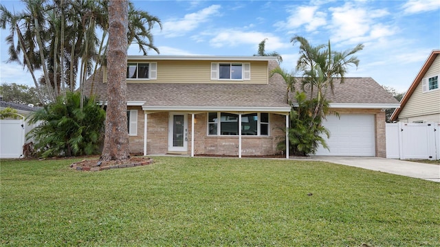 view of property featuring a garage and a front yard