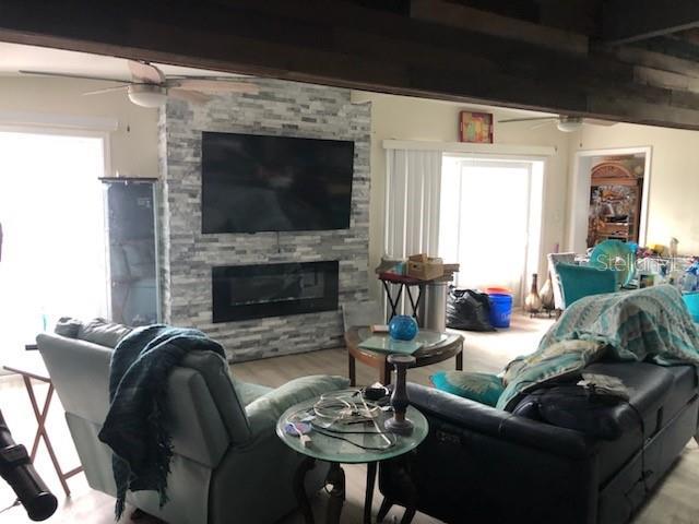 living room featuring plenty of natural light, a fireplace, ceiling fan, and light hardwood / wood-style flooring