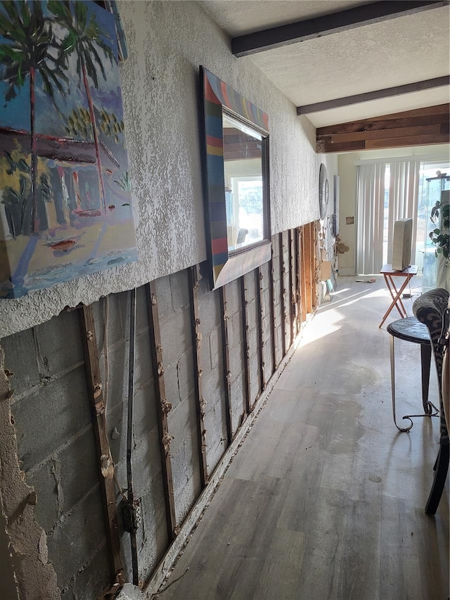 corridor featuring beamed ceiling, wood-type flooring, plenty of natural light, and a textured ceiling