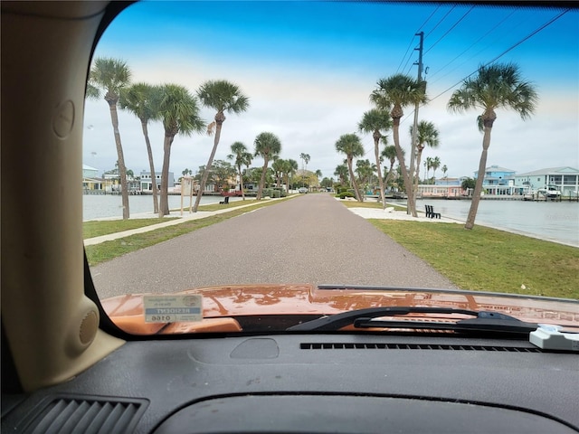 view of street with a water view