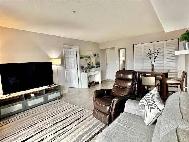 living room with light hardwood / wood-style floors and a textured ceiling