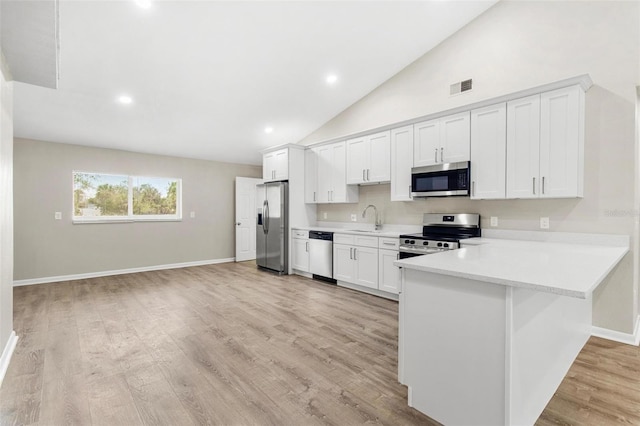 kitchen with white cabinetry, stainless steel appliances, light hardwood / wood-style floors, sink, and kitchen peninsula