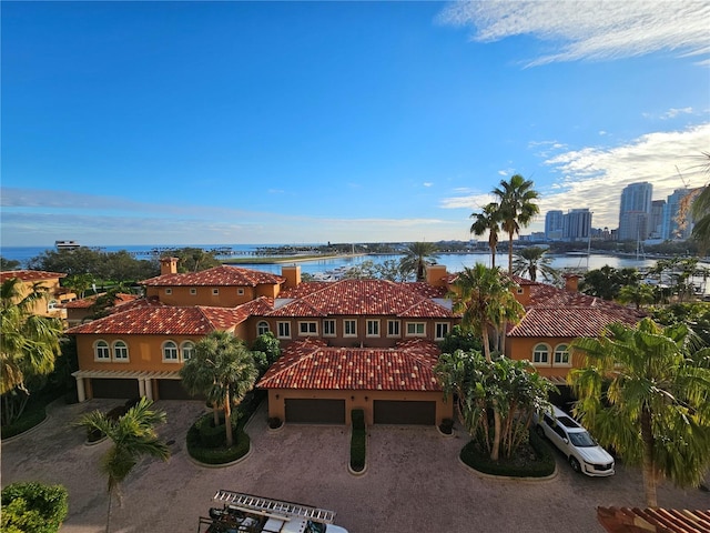 aerial view featuring a water view