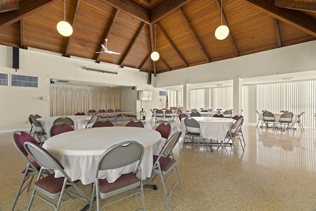 dining room with beamed ceiling, high vaulted ceiling, and wooden ceiling