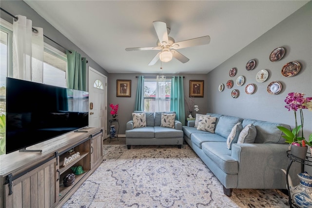 living room featuring ceiling fan