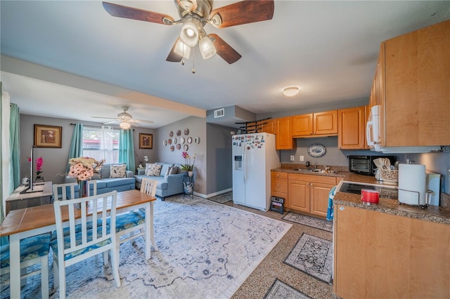 kitchen with ceiling fan, sink, and white appliances