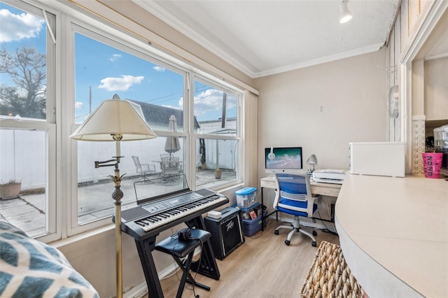 office space with light wood-type flooring and crown molding