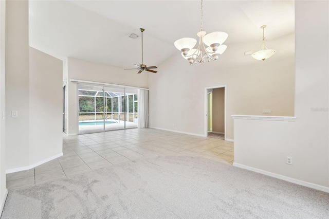 interior space featuring ceiling fan and lofted ceiling