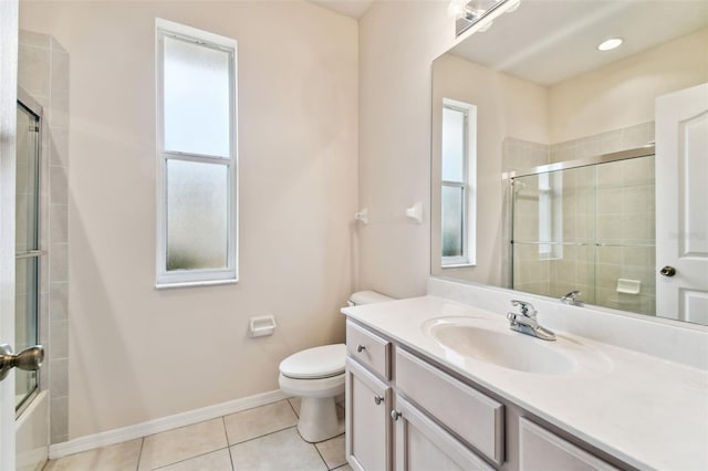 full bathroom with toilet, tile patterned floors, vanity, and enclosed tub / shower combo