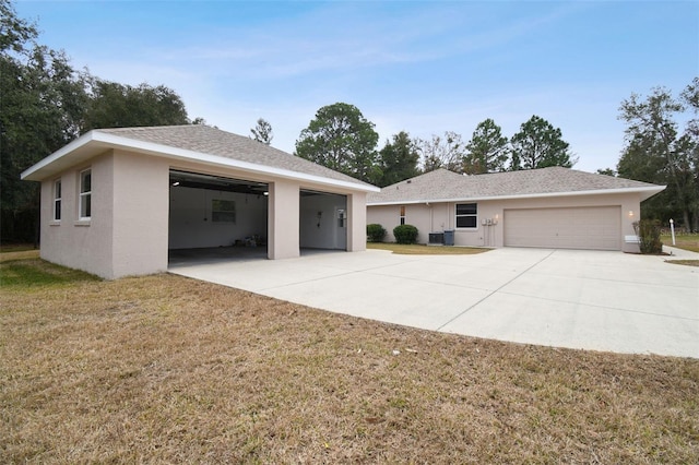 single story home featuring a front yard and central AC unit