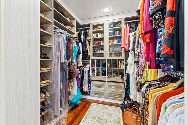 walk in closet with dark wood-style floors