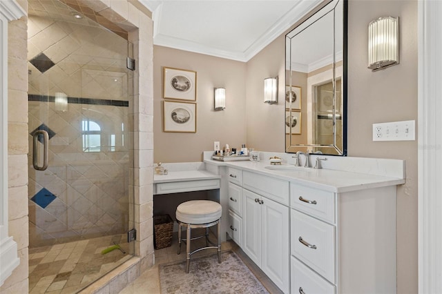 full bathroom featuring a stall shower, ornamental molding, and vanity