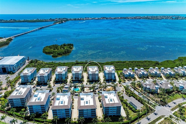 drone / aerial view featuring a water view